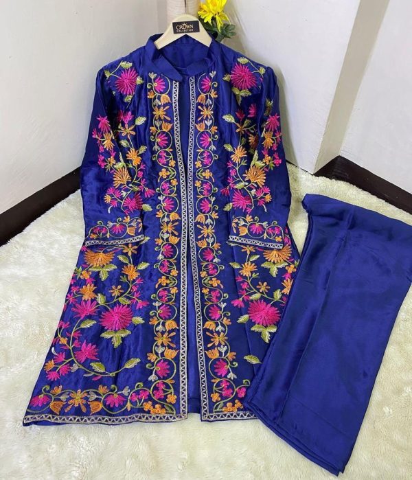 3 Pcs Beautiful Embroidery Suit Shamose Silk With Round Neck