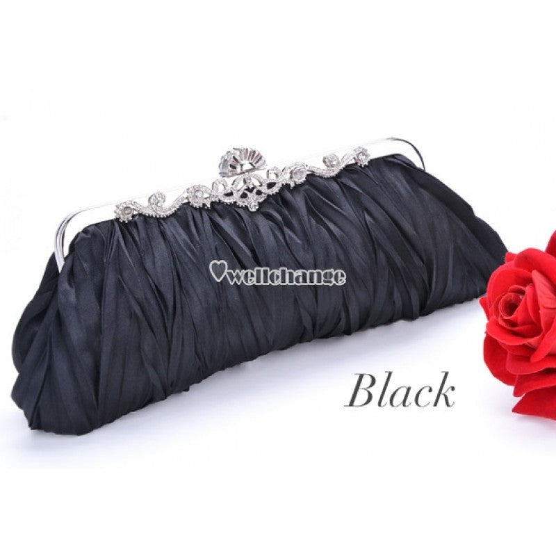 Fashionable and Vintage Ruched Satin Clutch Hand Bag with Silver Floral Clasp