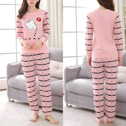 Stylish Sleeping Cat Printed Full Sleeves Night Suit For Ladies