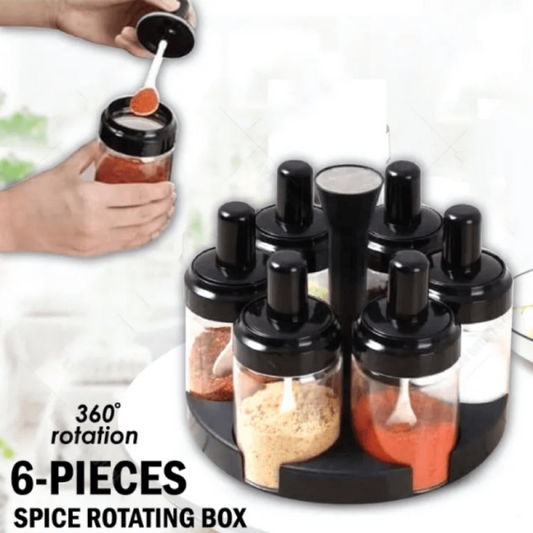 6 In 1 Spice Condiments Bottles & Spoons Container With Rotating Rack Kitchen Organization With Set Of 6