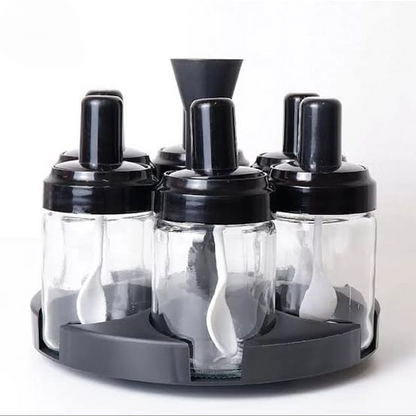 6 In 1 Spice Condiments Bottles & Spoons Container With Rotating Rack Kitchen Organization With Set Of 6