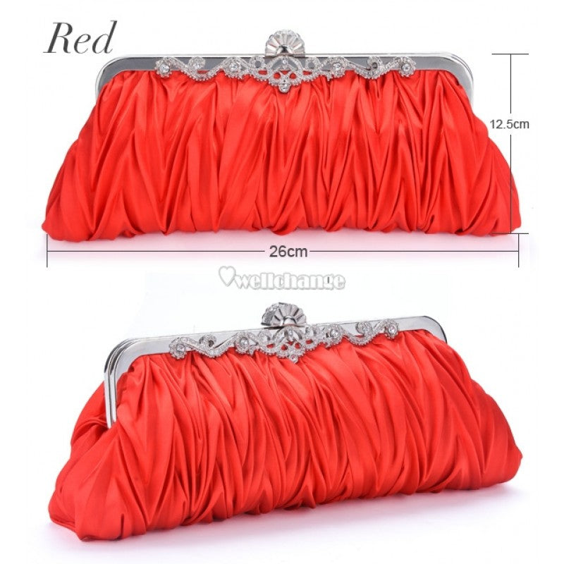 Fashionable and Vintage Ruched Satin Clutch Hand Bag with Silver Floral Clasp