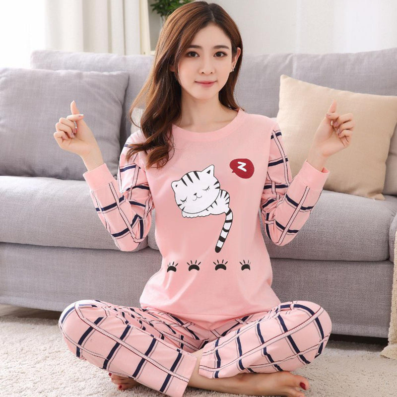 Stylish Sleeping Cat Printed Full Sleeves Night Suit For Ladies