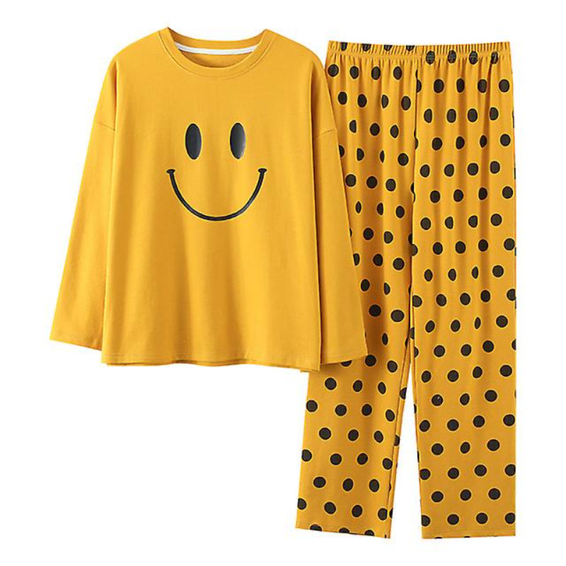 Smiley Face Printed Cotton Night Suit Set Casual Loungewear For Ladies