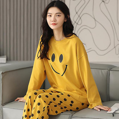 Smiley Face Printed Cotton Night Suit Set Casual Loungewear For Ladies