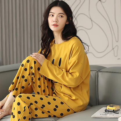 Smiley Face Printed Cotton Night Suit Set Casual Loungewear For Ladies