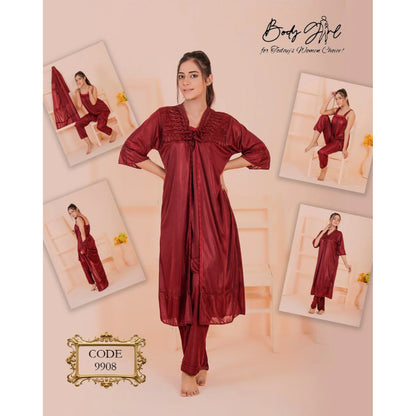 Elegant Silk & Lace Breathable 3-Piece Long Gown Nightwear Set Women