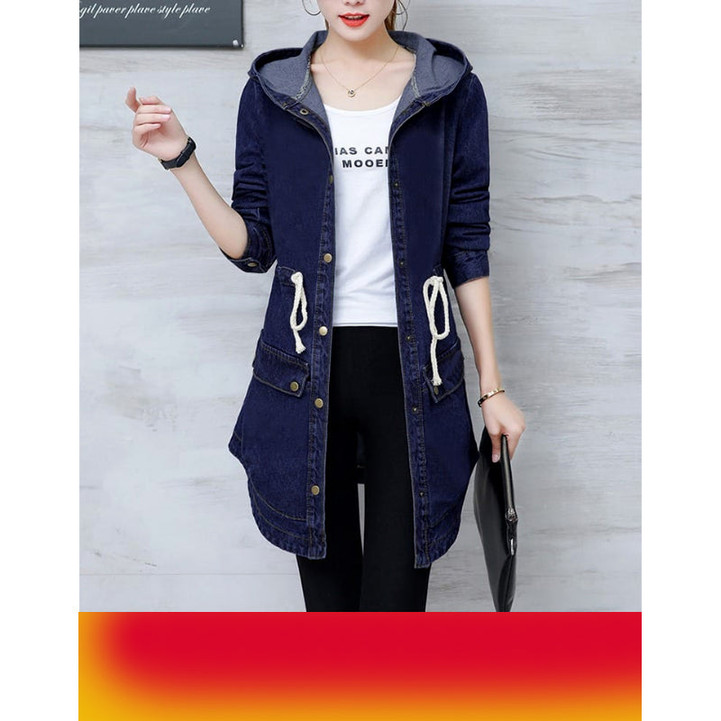 Trendy Winter Elegance Long Full Sleeves Denim Coat With Hood For Ladies