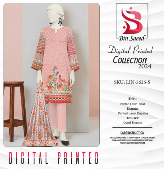 “bin Saeed Digital Printed Collection” 3pcs Lawn | Unstitched Collection Casual Wear