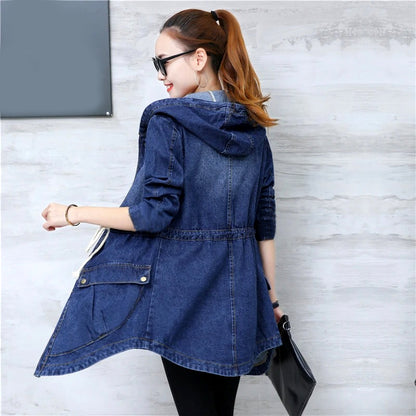 Trendy Winter Elegance Long Full Sleeves Denim Coat With Hood For Ladies