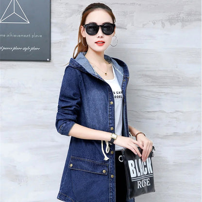 Trendy Winter Elegance Long Full Sleeves Denim Coat With Hood For Ladies