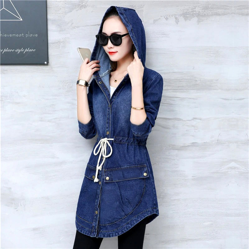 Trendy Winter Elegance Long Full Sleeves Denim Coat With Hood For Ladies