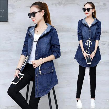 Trendy Winter Elegance Long Full Sleeves Denim Coat With Hood For Ladies