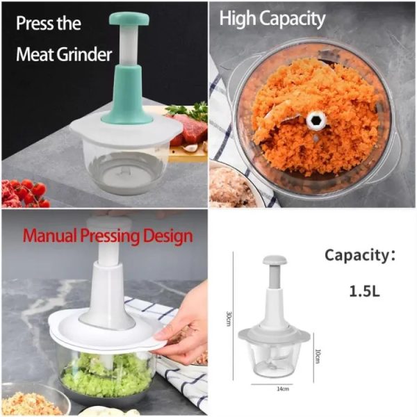 Manual Hand Push Chopper | Multi-functional Vegetable Meat Grinder, Grater, Chopper – 1.5 Liter