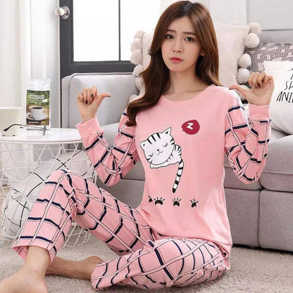 Stylish Sleeping Cat Printed Full Sleeves Night Suit For Ladies